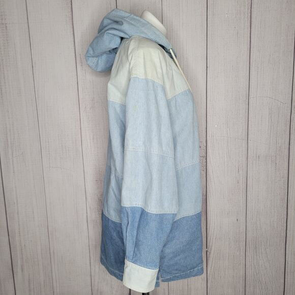 Striped Color block Zip And Shackle Hooded Oversized Denim Jacket Unisex Small - Picture 9 of 16